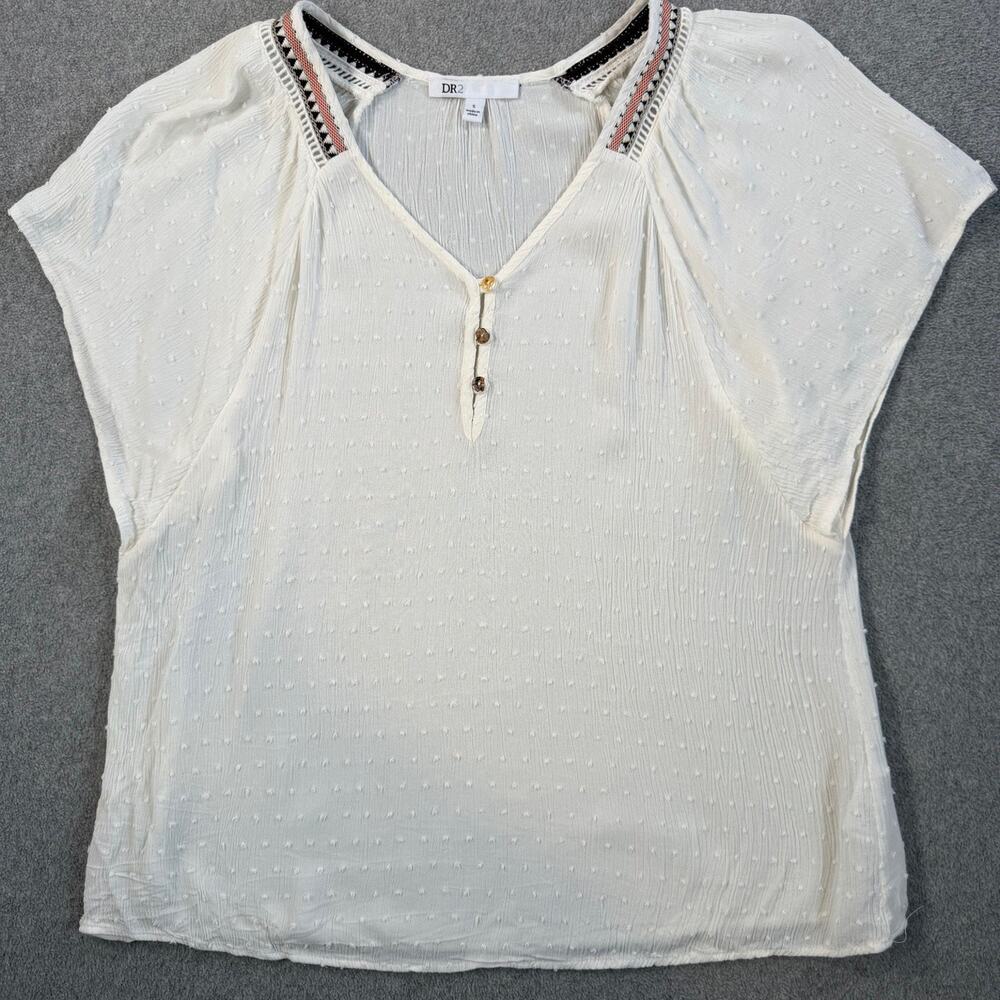 DR2 Women's Small White Swiss Dot Blouse Top V-Neck Embroidered Peasant Boho
